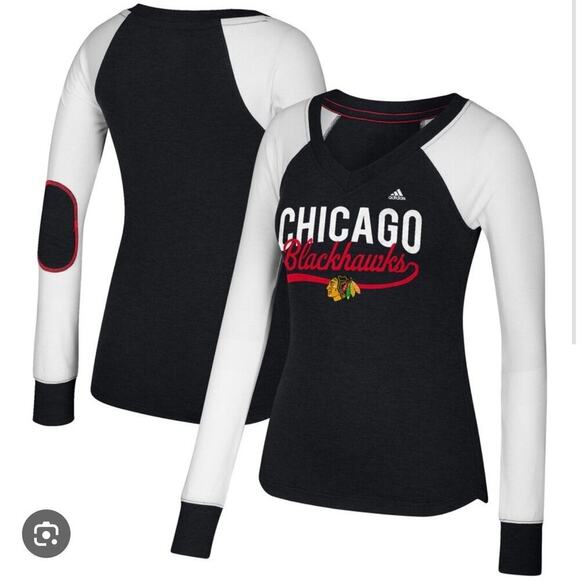 Adidas Womens NHL Chicago Blackhawks Raglan Long Sleeve V Neck Shirt Size Large - Picture 1 of 10